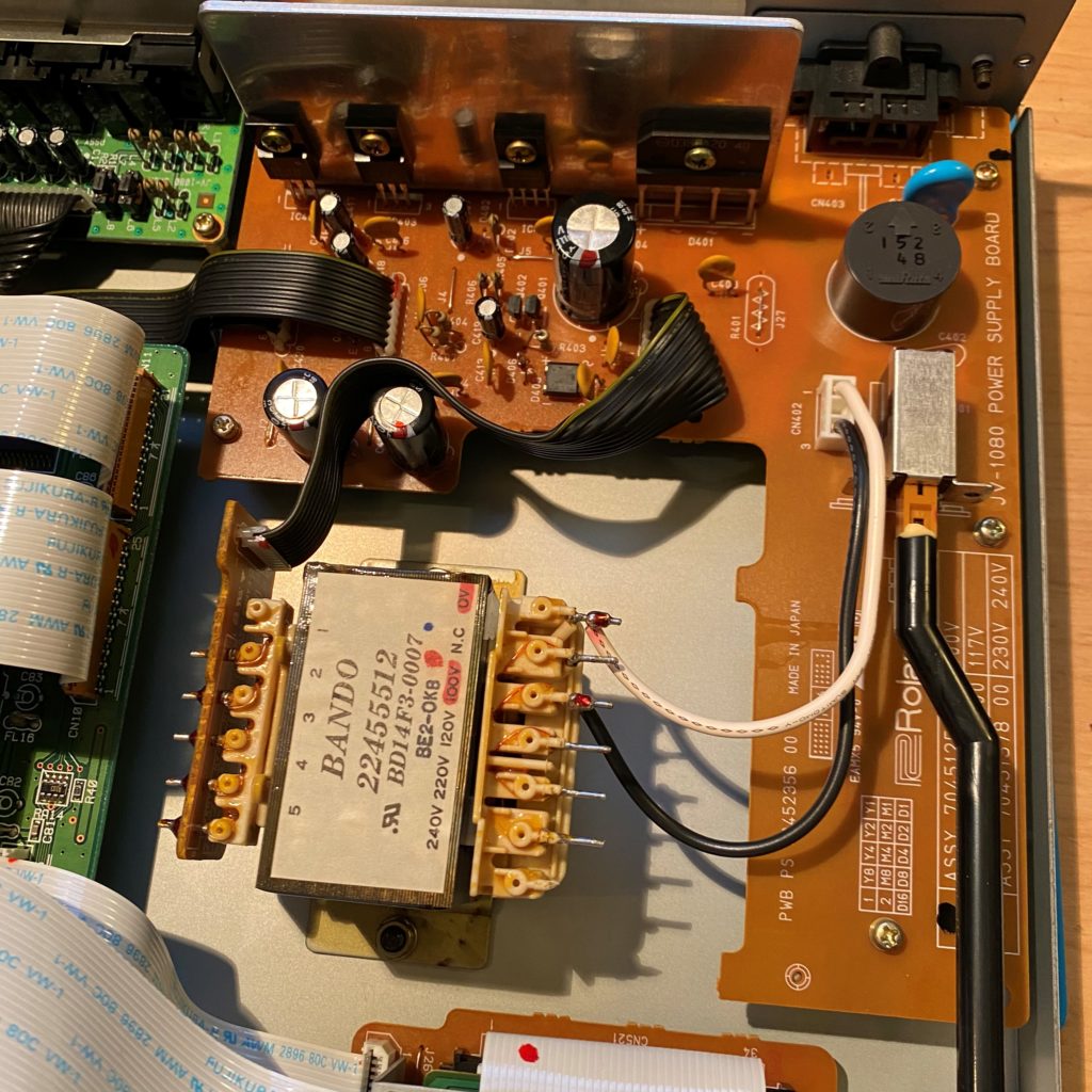 Transformer and power supply board inside the Roland JV-1080 module